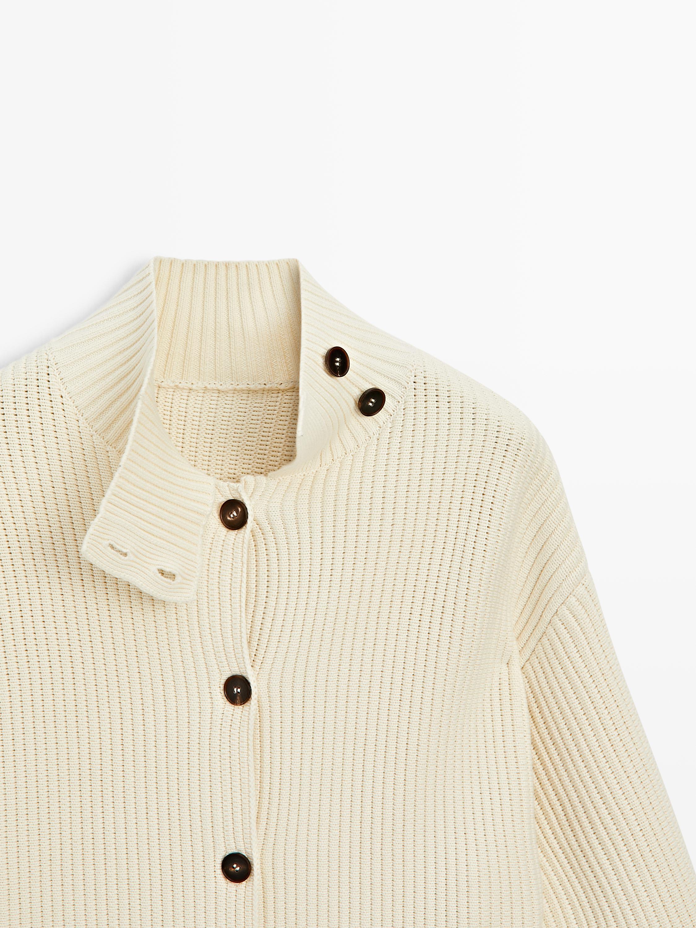 Cotton high neck knit cardigan
